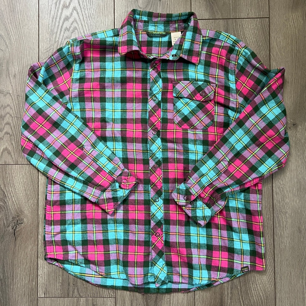LL Bean Multicolor Plaid Snap Flannel Shirt 100% Cotton KIDS XL‎ 18